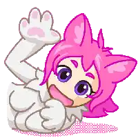 a pixel art drawing of a pink cat with the word meow written on her face