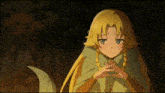 a girl with blonde hair and blue eyes is wearing a green cloak