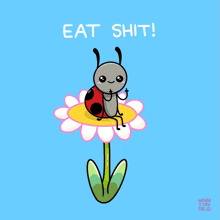a ladybug is sitting on a flower with the words eat shit written below it