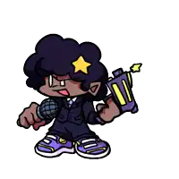 a cartoon character in a suit is holding a microphone .