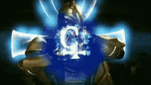 a man in armor is surrounded by a blue light and the letter g is coming out of it .