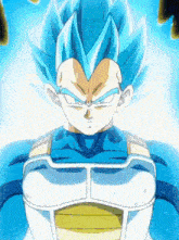 a cartoon character with blue hair and a yellow chest