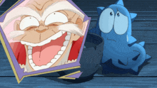 a cartoon drawing of a man with a white mustache laughing next to a blue monster