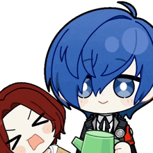 a cartoon character with blue hair and a green watering can