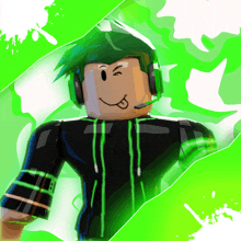 a picture of a roblox character with green hair and headphones sticking out his tongue