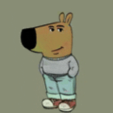 a cartoon dog wearing a sweater and jeans is standing on a grey background .