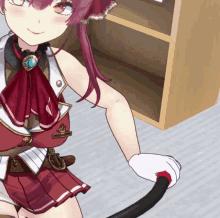 a girl in a red and white outfit is holding a cat tail
