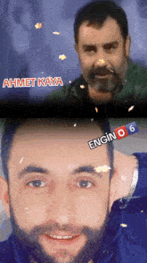 a man with a beard and the name ahmet kaya on his head