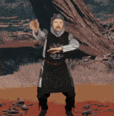 a man in a knight 's costume is standing in a field