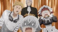 a group of anime characters including a maid and a man