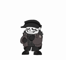a cartoon drawing of a skeleton wearing a hat and a jacket