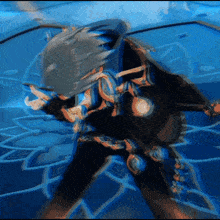 a video game character with a sword and shield in a blue room