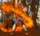 a painting of a person in purple pants surrounded by fire