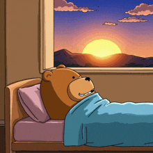 a cartoon of a teddy bear laying in a bed with the sun setting in the background