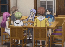 a group of anime characters are sitting around a table eating