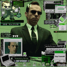 a man in a suit and tie is surrounded by computer screens including one that says i live computer