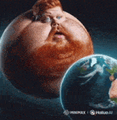a cartoon of a man with a beard and a huge head next to the earth