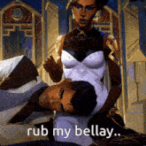 a woman laying on top of a man with the words rub my bellay above her