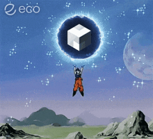 a cartoon character is flying through the air with a cube in the background and the word ego in the corner