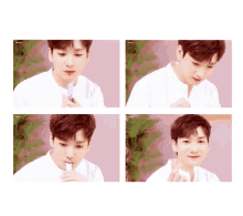 a collage of four pictures of a young man with a white shirt and red lipstick