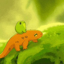 a lizard with a green frog on its head