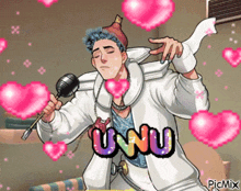 a cartoon of a man singing into a microphone with hearts around him and the word uwu above him