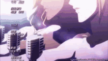 a couple of anime characters sitting in front of microphones with chinese writing on them