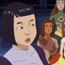 a group of cartoon characters including one with a letter r on his chest