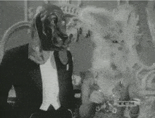 a black and white photo of a man in a tuxedo with a dog mask on his face