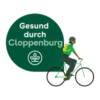 a person is riding a bike with the words gesund durch cloppenburg behind them