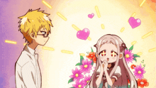 a boy and a girl are standing next to each other with flowers and hearts surrounding them