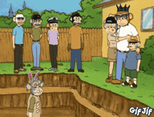 a cartoon of monkeys standing around a hole with gif jif written on the bottom right