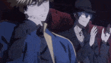two anime characters are standing next to each other in a dark room