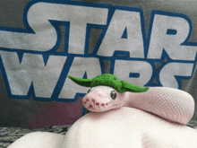 a snake wearing a green hat is laying in front of a star wars logo