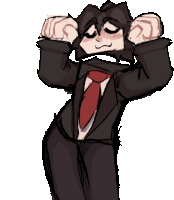 a drawing of a man in a suit and tie with his hands on his head