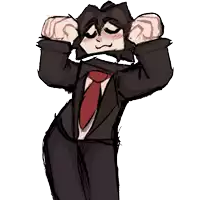 a drawing of a man in a suit and tie with his hands on his head