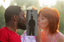 a woman kisses a man on the cheek in front of a picture that says error