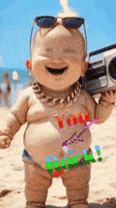 a baby is wearing sunglasses and a chain around his neck while holding a radio .