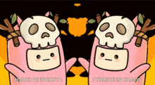 two pink cartoon characters with skulls on their heads and the words i thrive in chaos below them