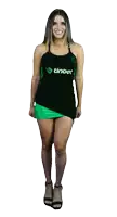 a woman wearing a black tank top that says tinbet