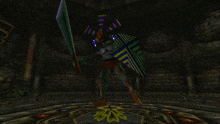 a video game character with horns and a shield