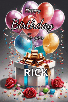 a birthday card for rick with balloons in the background