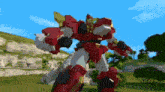 a robot is standing in a field with trees in the background .
