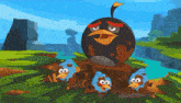 a group of angry birds are standing around a muddy bird