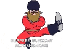 a cartoon of a man with a beard in a red suit is kicking .