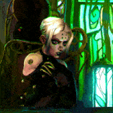 a painting of a woman with a tattoo on her arm that says ' s ' on it