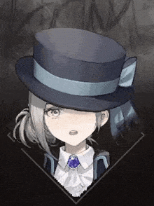 a girl in a top hat with a blue ribbon around her neck