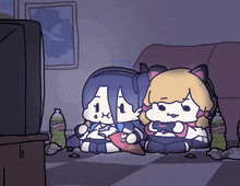 a cartoon of two girls playing a video game with bottles of mountain dew nearby