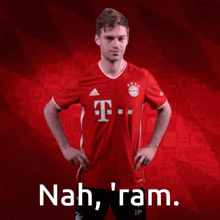 a man in a red t-mobile jersey says nah ' ram