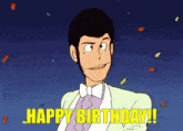 a man in a tuxedo says happy birthday in yellow letters